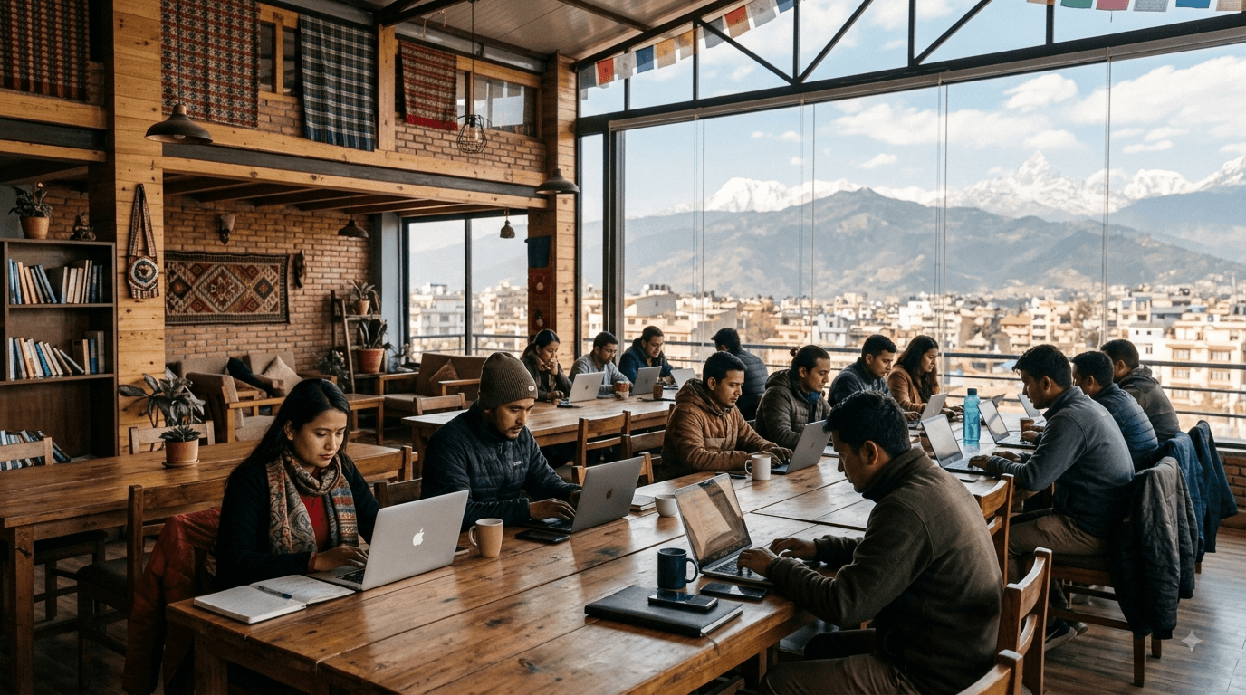 Freelancers working at a modern coworking space in Kathmandu