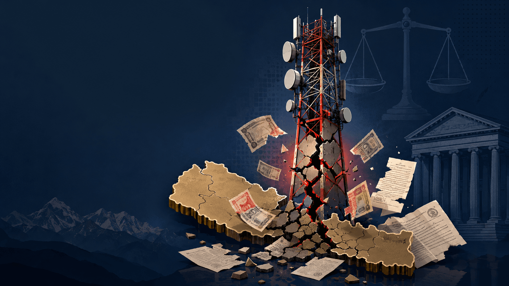 "Illustration of a cracked telecom tower over Nepal representing the Smart Telecom-Ncell-NIMB scandal"